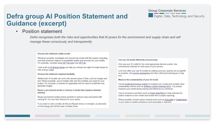 Figure 16: A slide showing Defra's AI Position Statement and Guidance